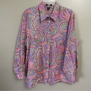 Lauren Ralph Lauren Linen Paisley Top 2X purple green classic preppy